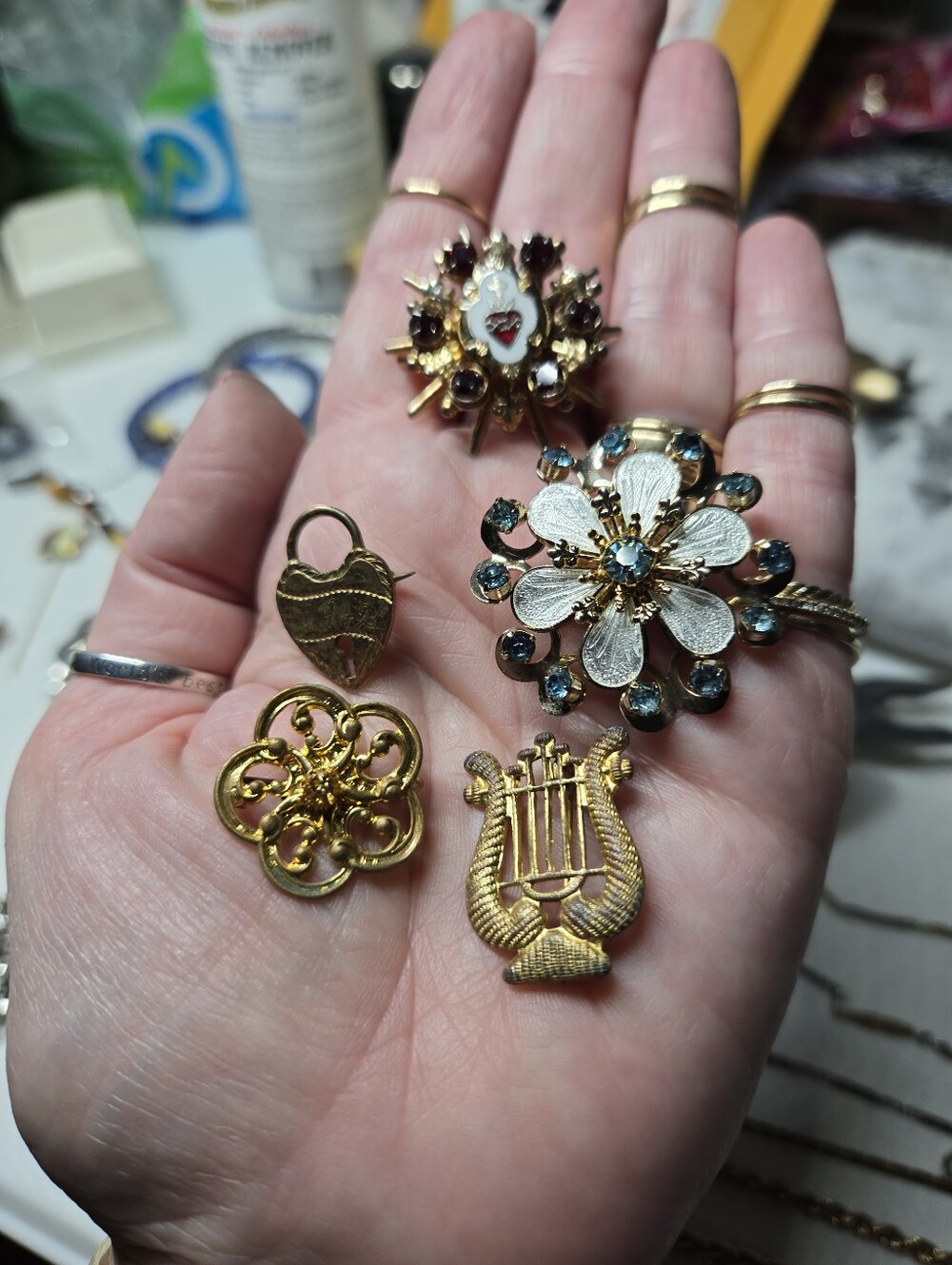 Vintage Gold Filled & Tone Floral Brooch Set with Blue Accents - Women Jewelry
